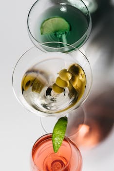 Top-down view of diverse cocktails, featuring olives and citrus garnishes, elegantly arranged.