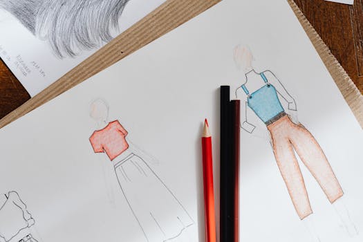 Creative fashion sketches laid out with colored pencils on white paper.