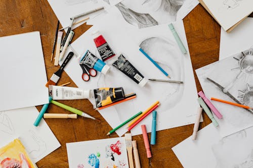 Free Drawing Materials on the Floor Stock Photo