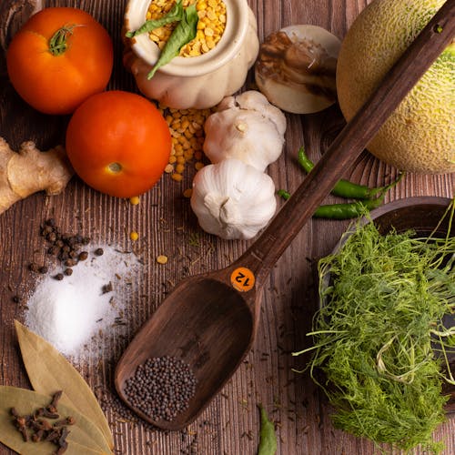 Free Ingredients and a Wooden Spoon Stock Photo