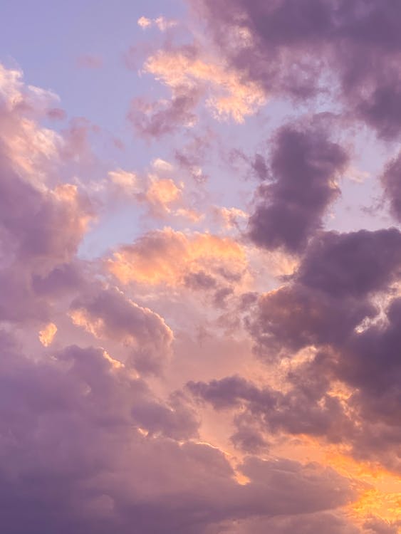 From below of thick cumulus clouds floating high in air on bright sky with orange beams in nature on evening time