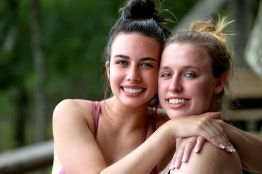 Two young women smiling and embracing outdoors, showcasing friendship and happiness.