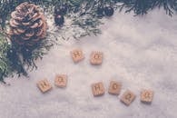 冬日节日的雪地上，松果、绿叶和字母瓷砖拼出了“嗬”字