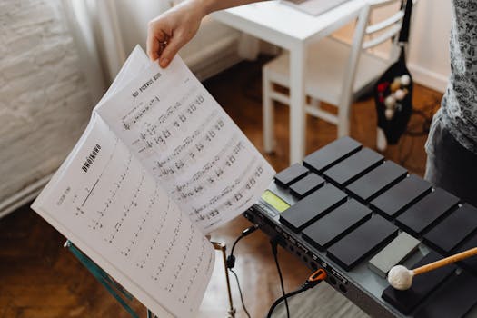 A musician's hand turns sheet music beside an electronic percussion instrument in a cozy room.