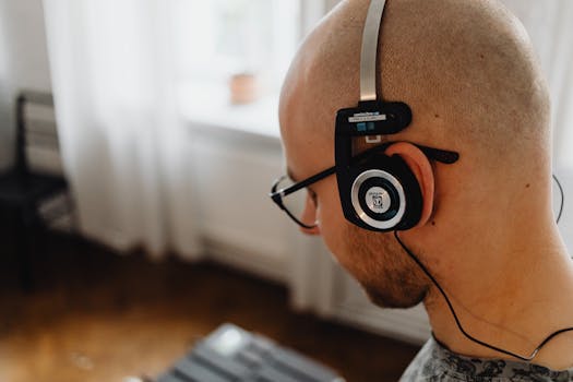 Close-up of a bald man wearing eyeglasses and modern headphones indoors.