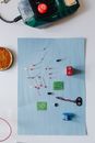 Components of a Circuit Board on a Blue Surface