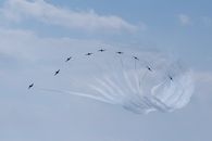 Low angle of airplanes in row performing air tattoo with wavy traces in cloudy sky in daytime