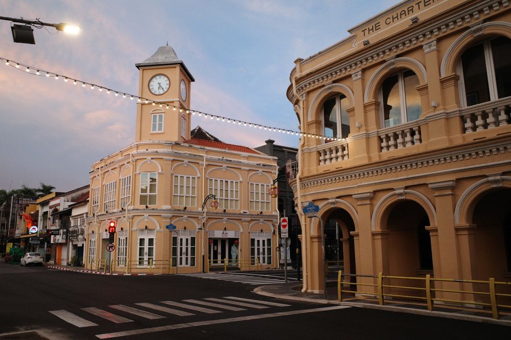 Sino-Portuguese shophouses and clock tower in Phuket Old Town
