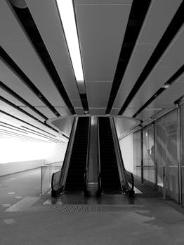Black and white of escalator with handrails in spacious interior of light modern building