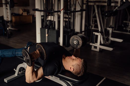 Muscular man doing dumbbell chest press exercise in a gym setting, highlighting fitness and strength.