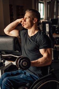 Adult man in a wheelchair working out with dumbbells in a fitness center.