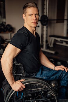 Portrait of a confident man in a wheelchair at the gym, showcasing strength and determination.