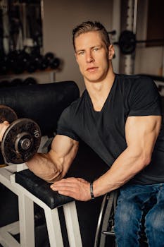 Strong man in a gym performing dumbbell exercise, showcasing determination and fitness.