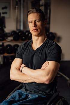 Strong man in a wheelchair poses confidently in a gym setting, exhibiting determination.