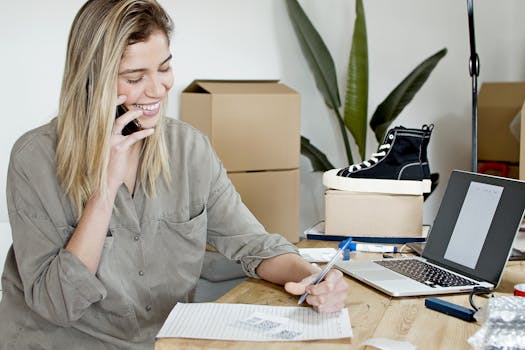 A happy businesswoman multitasks with a laptop, phone, and notes at her office desk, managing her online store orders.