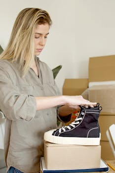 Woman packing sneakers in a box, setting up an online store in Portugal.