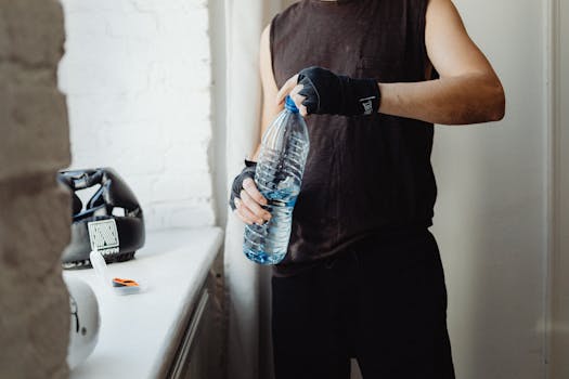 A person with hand wraps holding a bottle of water near boxing gloves indoors.