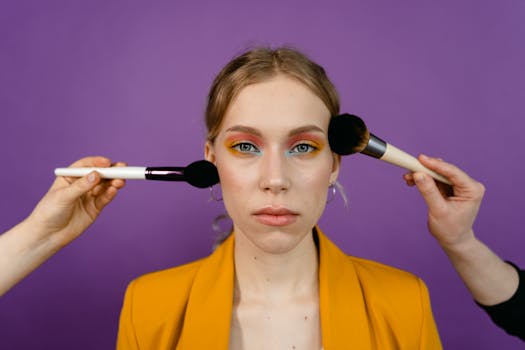 Close-up of a woman with colorful makeup applying with brushes against a purple background.