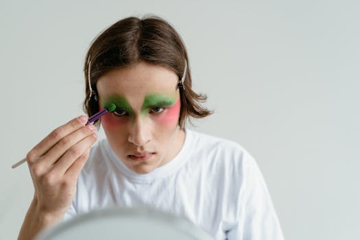 Close-up of a young person applying bold green and pink eye makeup indoors.