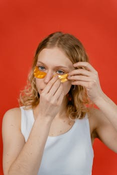 Woman applying golden under eye patches against a vibrant red background for skincare routine.