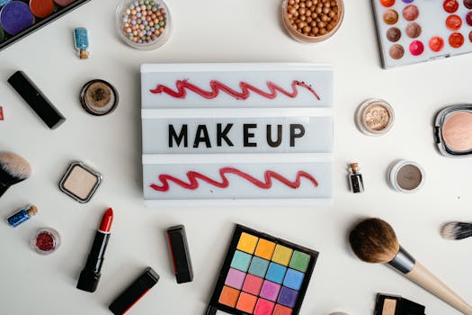 Stylish flat lay of various makeup products beautifully arranged around a makeup sign, perfect for beauty concepts.