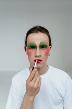 Individual applying lipstick with vibrant makeup in an artistic expression of color contrast.