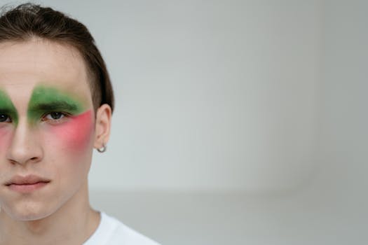 Close-up portrait of a young man with artistic eye makeup in green and red hues.