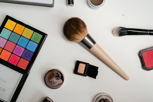 A vibrant flat lay of makeup essentials including a colorful palette and brushes on a white surface.