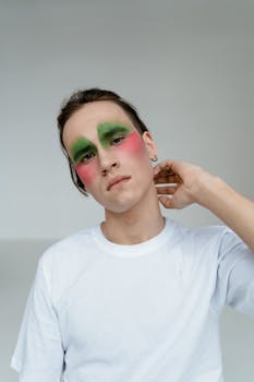 Portrait of a young adult in a white shirt with striking green and pink makeup on a neutral background.