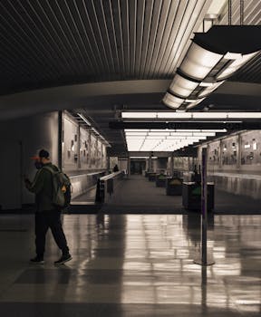 A lone traveler walks through a modern, dimly lit airport terminal corridor.
