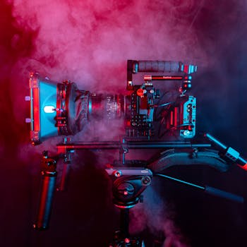 Professional cinematic camera with a shoulder rig surrounded by red and blue smoke.