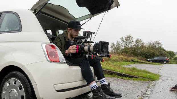 Young filmmaker operating professional camera from car trunk during outdoor shoot.