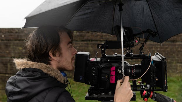 A filmmaker operates a professional camera outdoors under an umbrella, shielding from rain.