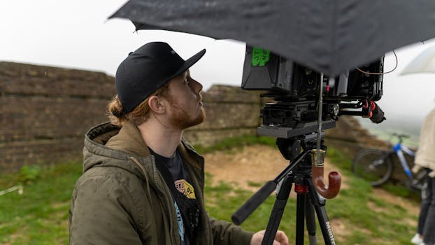 A man with a beard films outdoors using camera equipment, shielded by an umbrella.