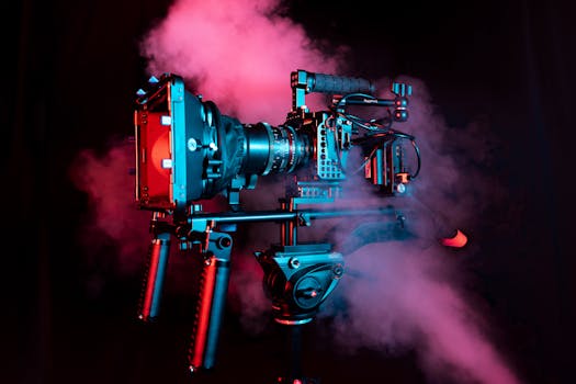 Professional camera rig with red and pink smoke, creating a dynamic visual impact.