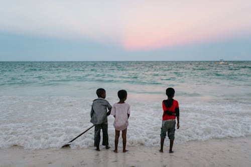 Ethnic boys standing on seashore at sunset