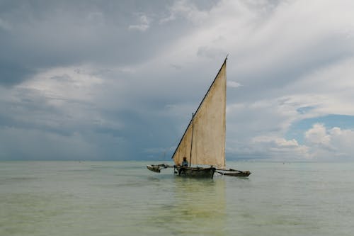 Person floating on sailboat on sea in summer