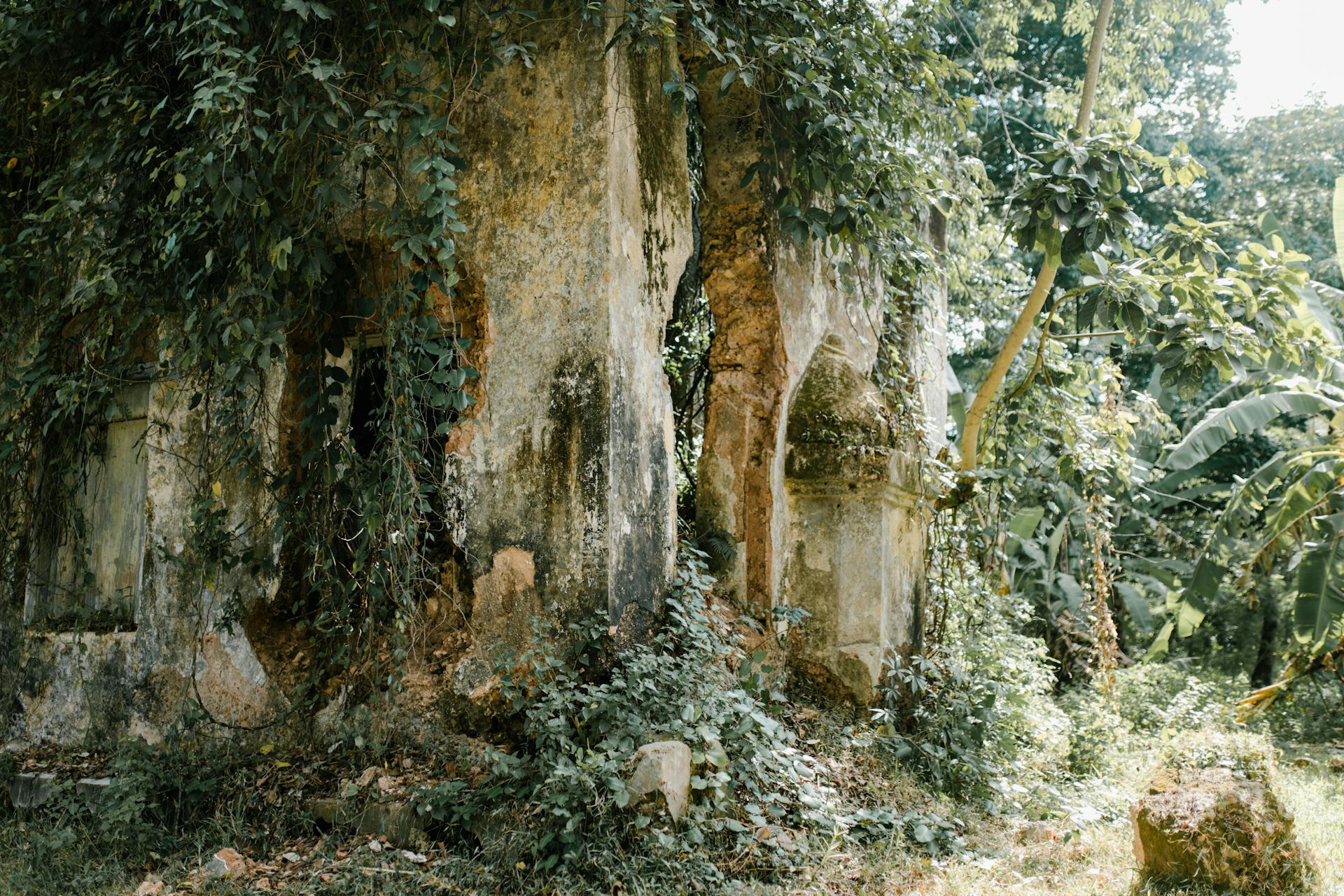 Aged stone temple with shabby facade located in rock in mountain in lush green woods