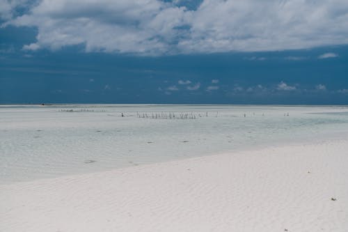 Scenic seascape of vast empty sandy beach with clear water