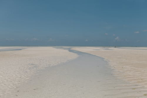 Picturesque view of transparent shallow seawater on sandy shore under blue sky in exotic country