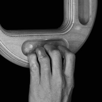 A detailed close-up image of a hand gripping a wooden structure, showcasing texture and form.