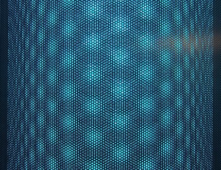 Abstract geometric pattern featuring hexagons and spheres in a blue textured design.