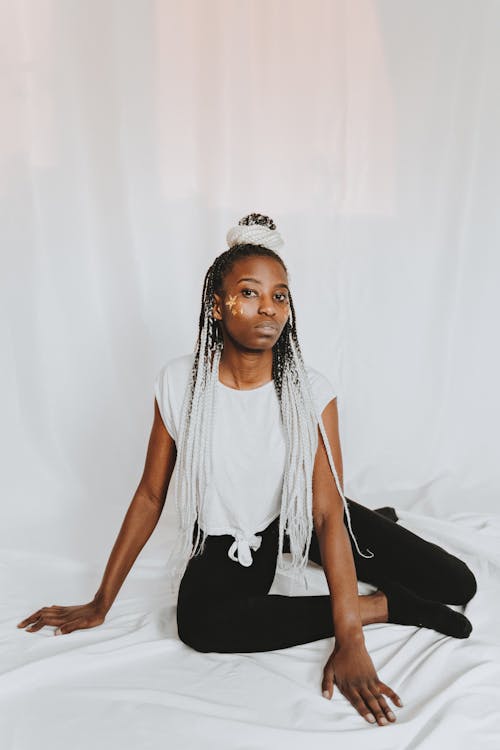 Woman in White T Shirt with White Hair