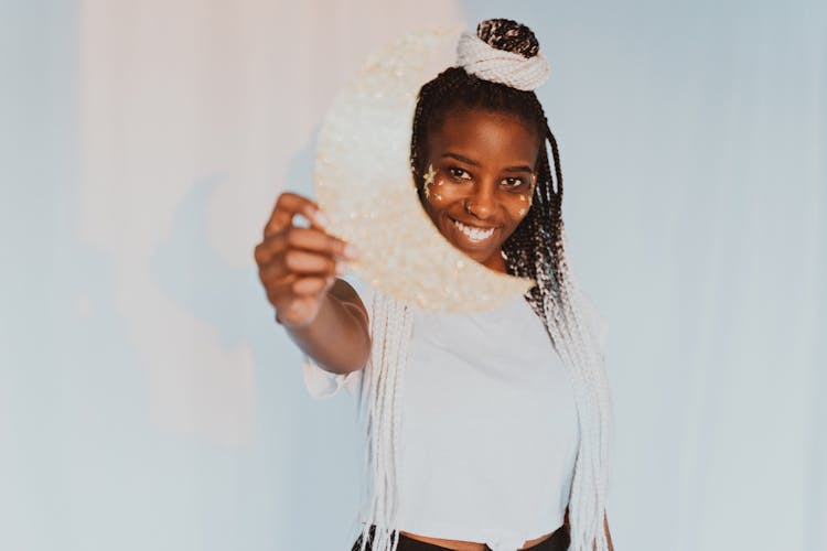 Woman With White Hair Extensions Smiling