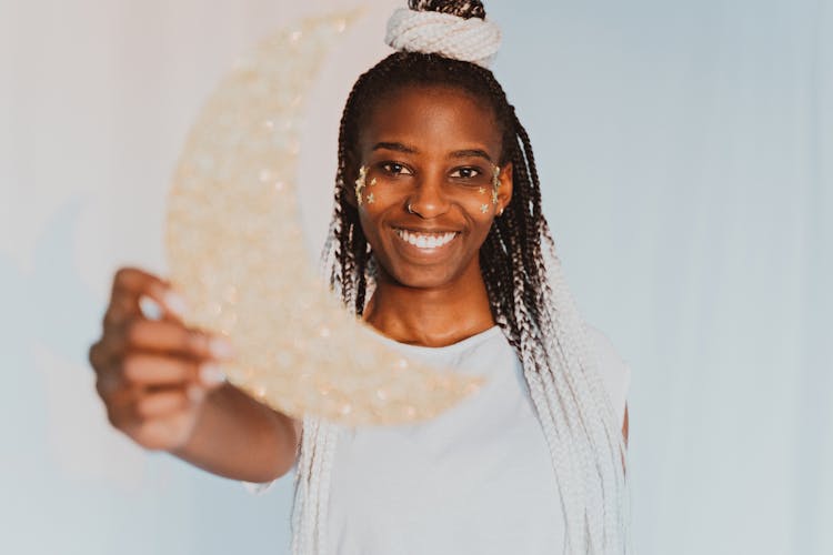 Woman With White Hair Extensions Smiling