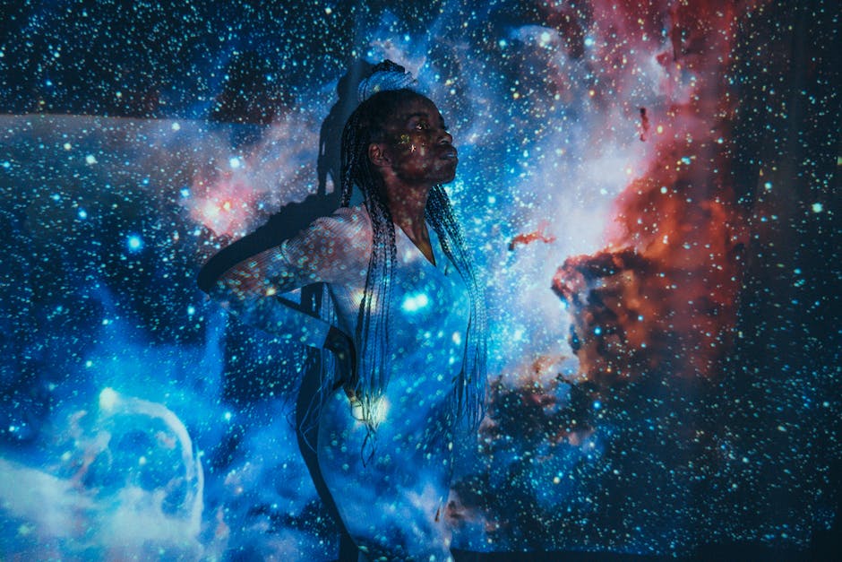 Helix Midnight vs WinkBed: Side Sleeper Back Pain A woman with braided hair poses, surrounded by a cosmic projection, evoking a celestial theme.