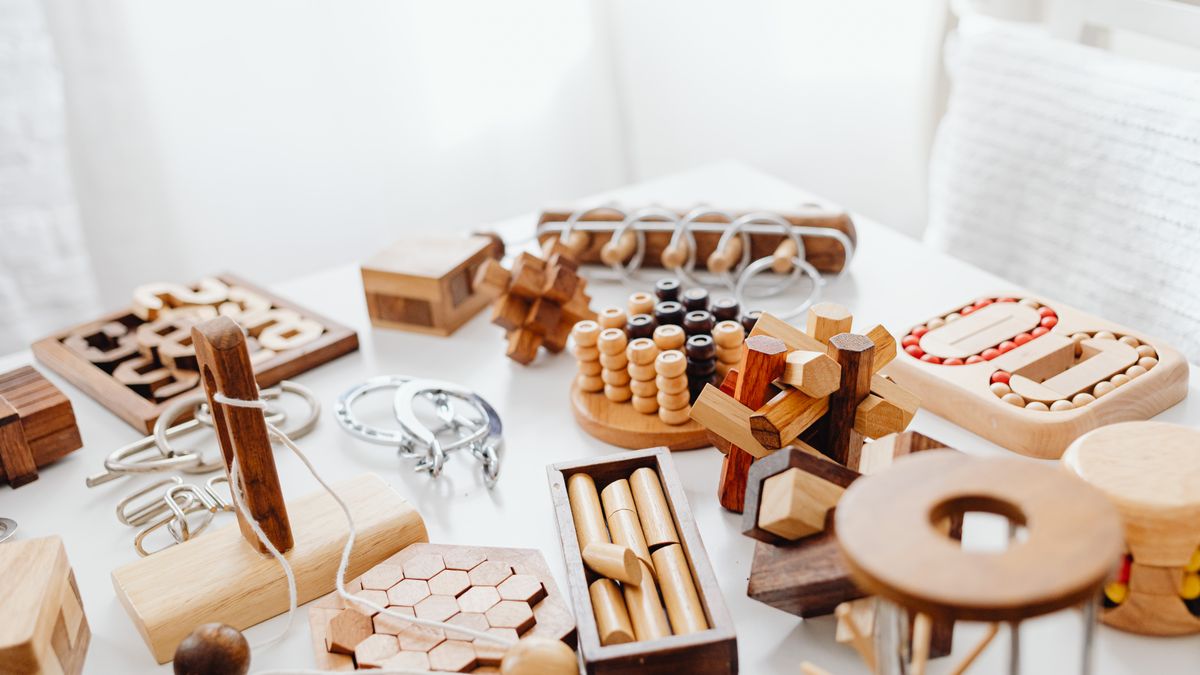 Wooden brain teaser puzzles for a brain games tournament