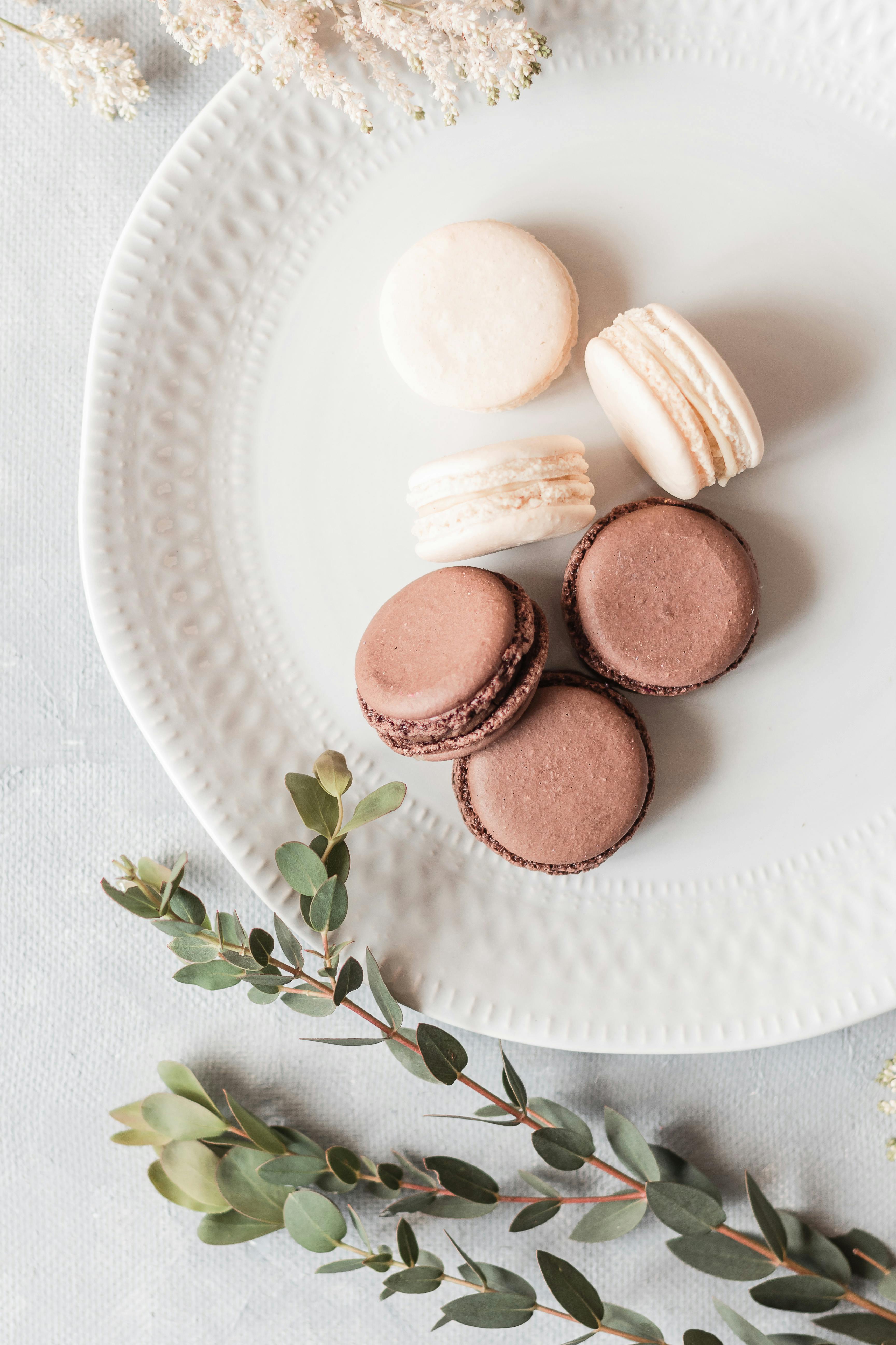 delicious macaroons on plate on white table