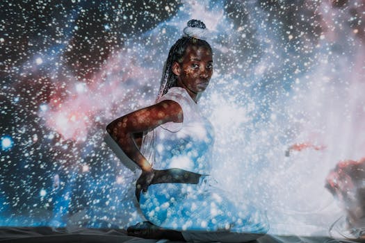 A creative portrait of a woman with a cosmic starry background.