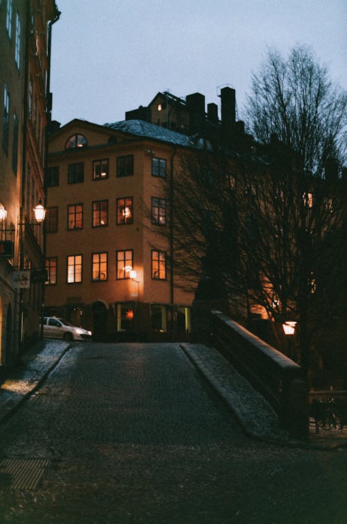 Empty Cobblestone Street at Dusk